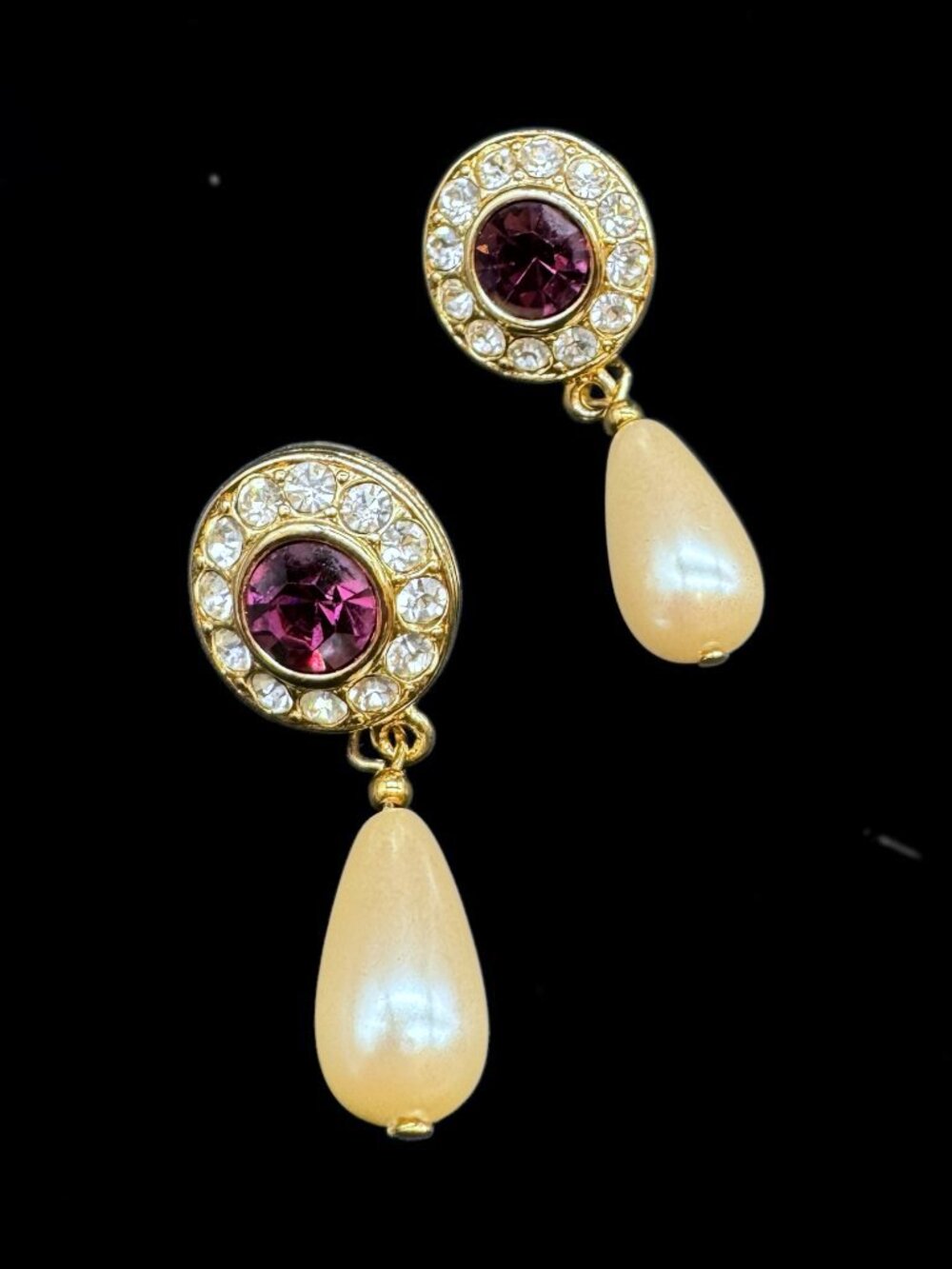 Vintage Pierced Earrings Dangling Teardrops faux-pearls Gold Tone Purple Stone